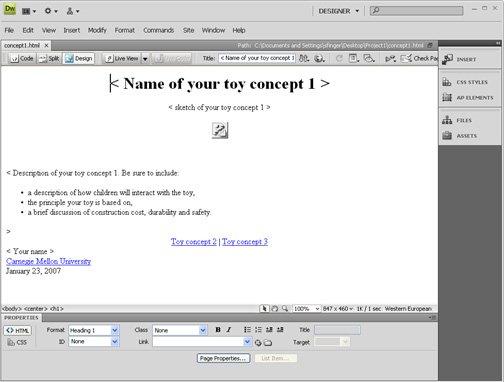 page in Dreamweaver
