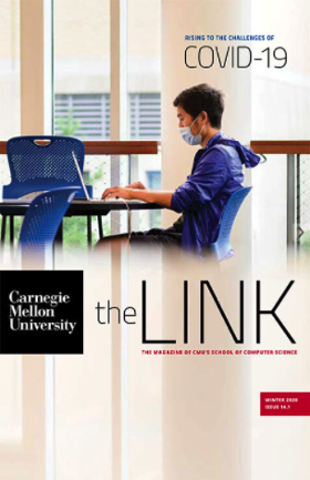 The Link Fall/Winter 2020 issue cover features a masked student working on a laptop.