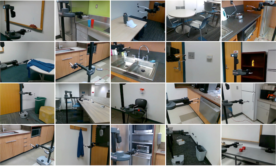 A collage of photos showing performing tasks like cleaning a dry erase board, picking up a glass, folding a shirt, flipping a light switch and opening a refrigerator doog.